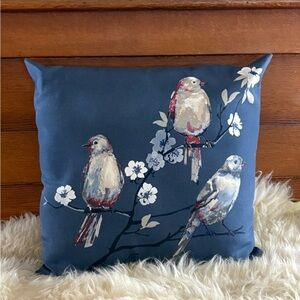 Charming Blue Accent Pillow with Bird and Floral Design
